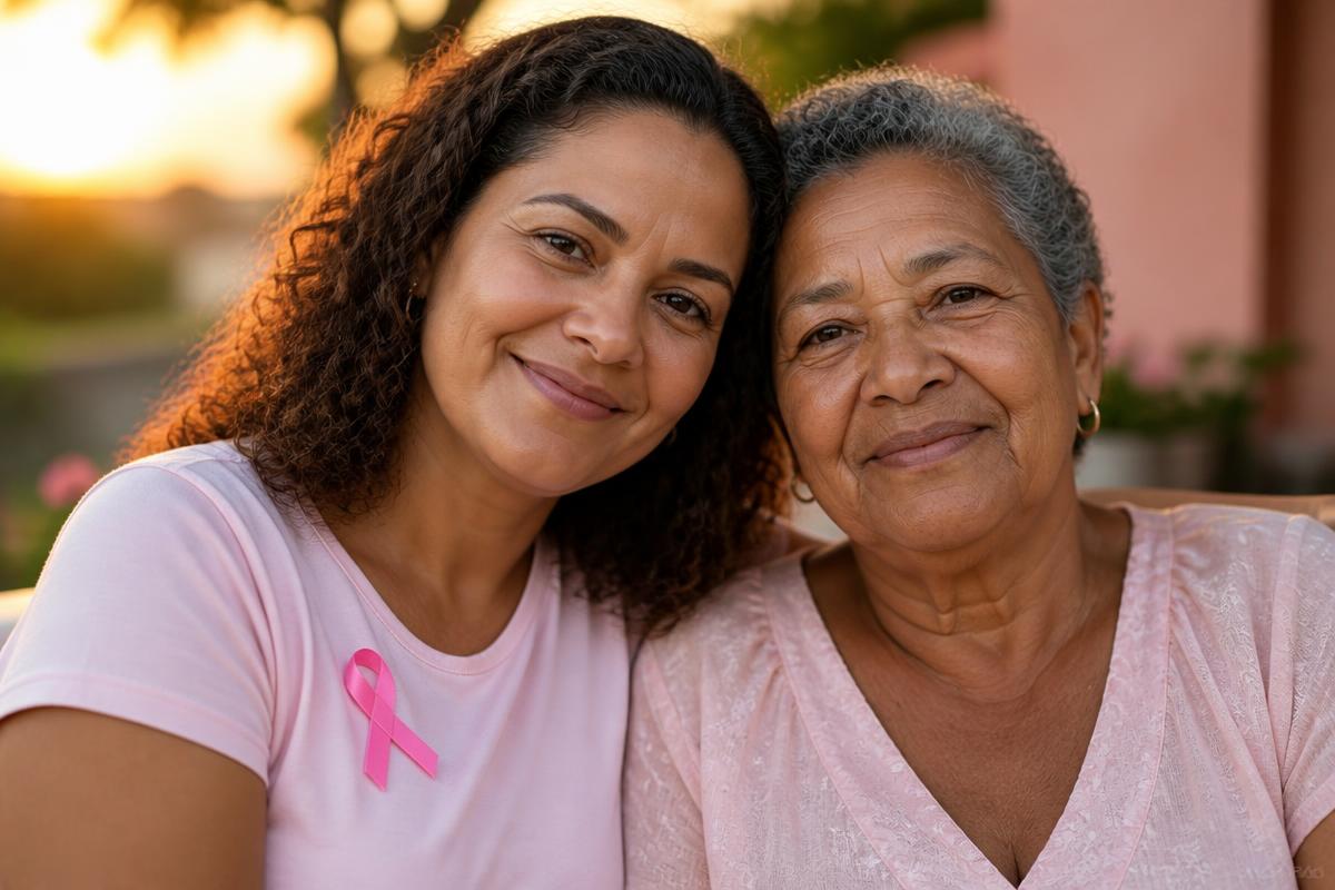 Outubro Rosa: duas mulheres brasileiras sorrindo com laço rosa no peito